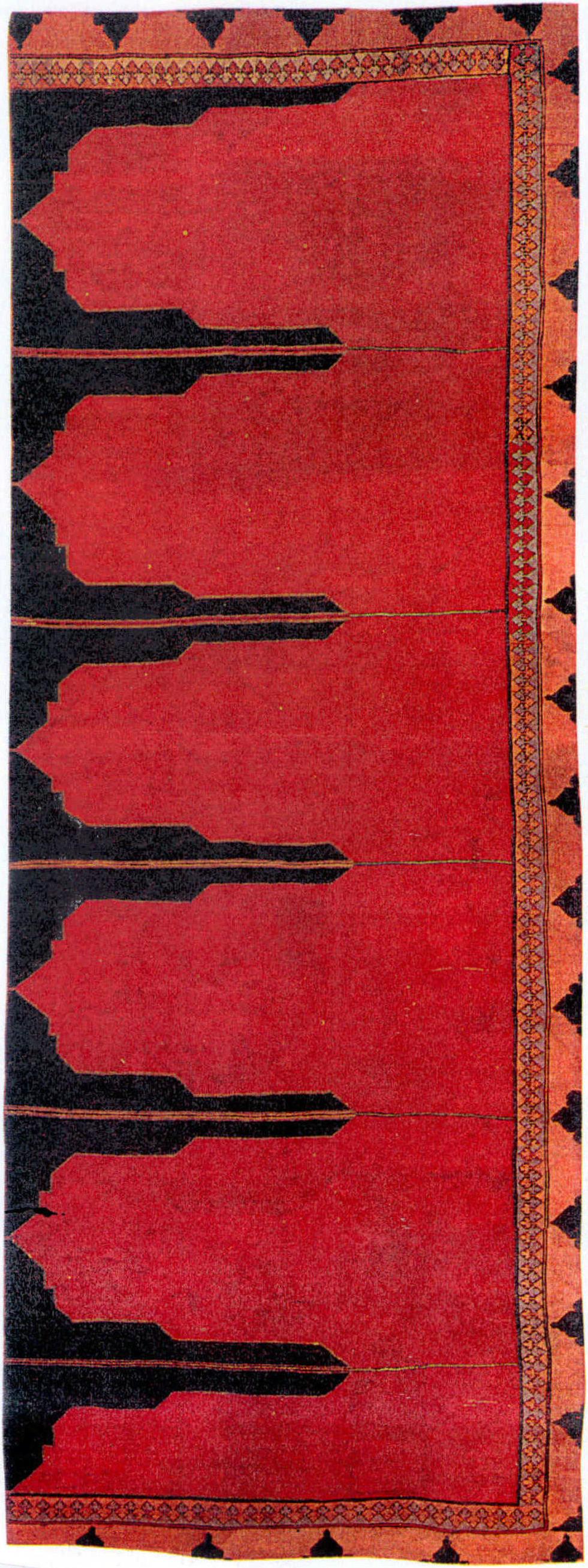 17世纪早期 土耳其为祈祷而设计的地毯，其简单设计及强烈的颜色对比，给予几乎现代的感觉